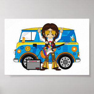 Hippie Boy mit Guitar & Camper Van Poster