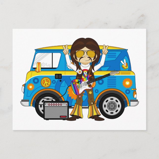 Hippie Boy mit Guitar & Camper Van Postkarte (Vorderseite)