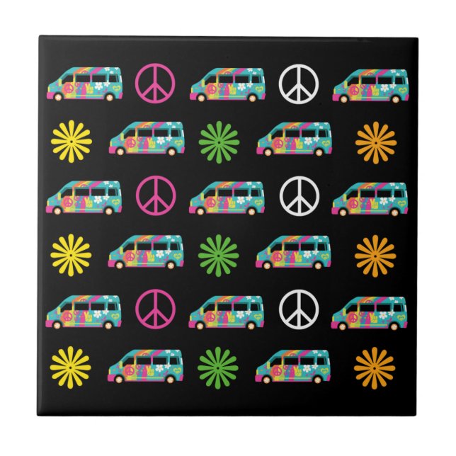 Hippie Bus Peace Signie 70er Black Fliese (Vorderseite)