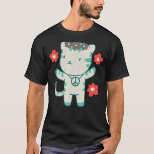 Hippie Cat mit Blume und Friedenssymbol T-Shirt