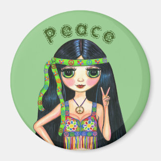 Hippie Chick Girl Doll Peace Sign Niedlich Magnet