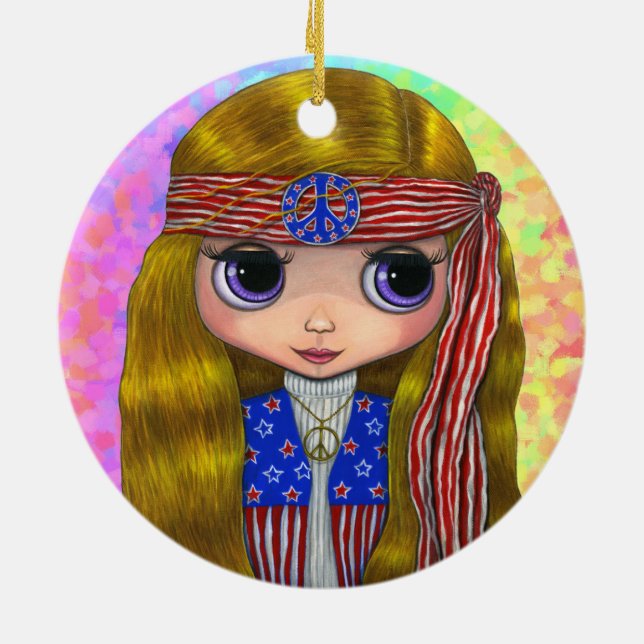 Hippie Chick in US Flagge - Friedenszeichen Niedli Keramik Ornament (Hinten)