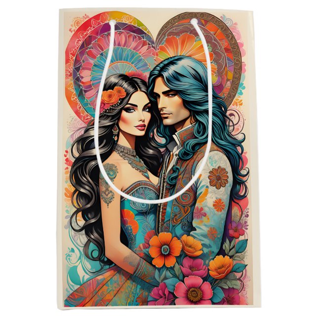 Hippie Couple mit psychedelischem Herzen Mittlere Geschenktüte (Vorderseite)