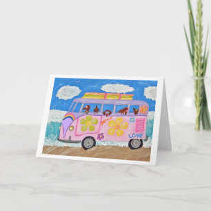 Hippie-Dachshunde in Flower-Child-Van am Strand Karte