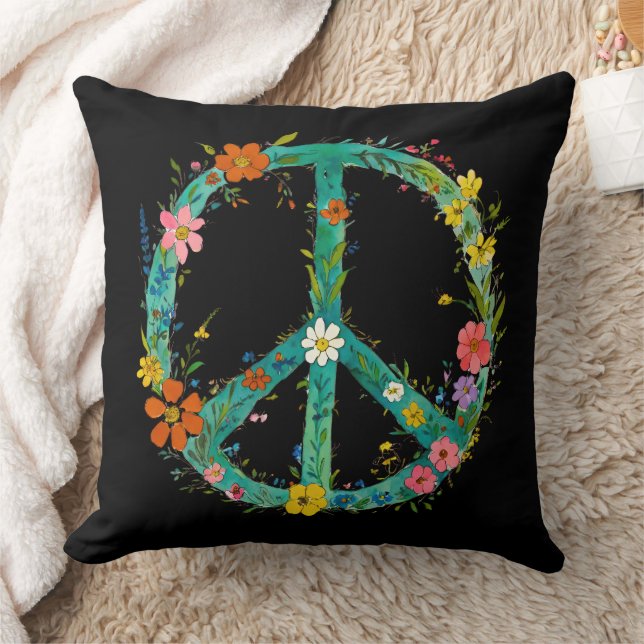 Hippie Floral Peace Sign On The Black Background Kissen (Decke)