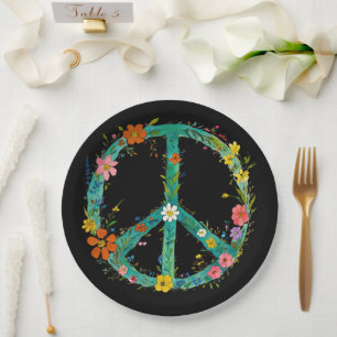 Hippie Floral Peace Sign On The Black Background Pappteller