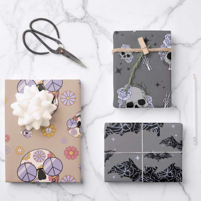 Hippie Floral Skull Geschenkpapier Set (Vorderseite)