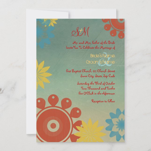 Hippie Flowers Vintage Wedding Invitation 5x7 (Devant)