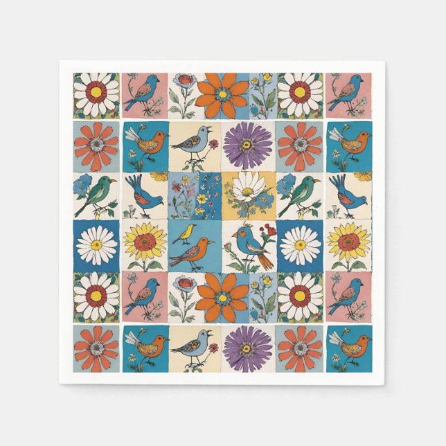 Hippie Folk Art Floral Patchwork mit Vögeln Serviette (Vorderseite)