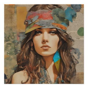 Hippie-Frau-Kollage aus den 1970ern Poster