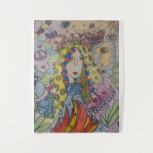 Hippie-Frau Regenbogenhaar — Frieden Liebe Boho-Ku Wandteppich