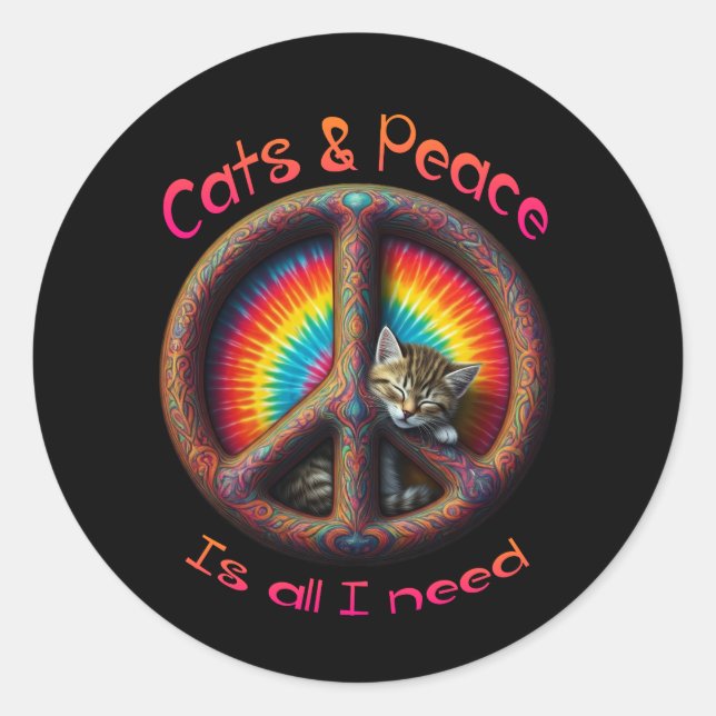 Hippie Gefärbte Krawatte Cat Lovers Peace sign Psy Runder Aufkleber (Vorderseite)