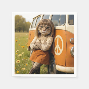 Hippie Girl Cat Leaning on a Retro Van Serviette