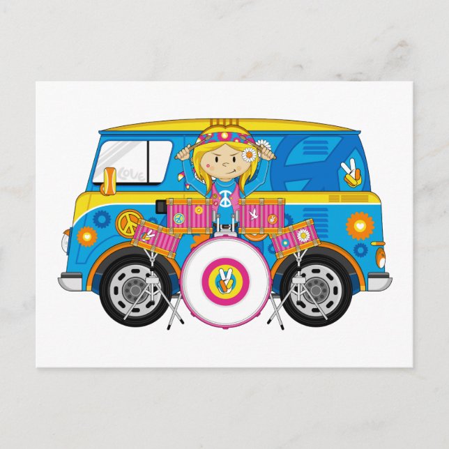 Hippie Girl mit Trommeln und Camper Van Postkarte (Vorderseite)