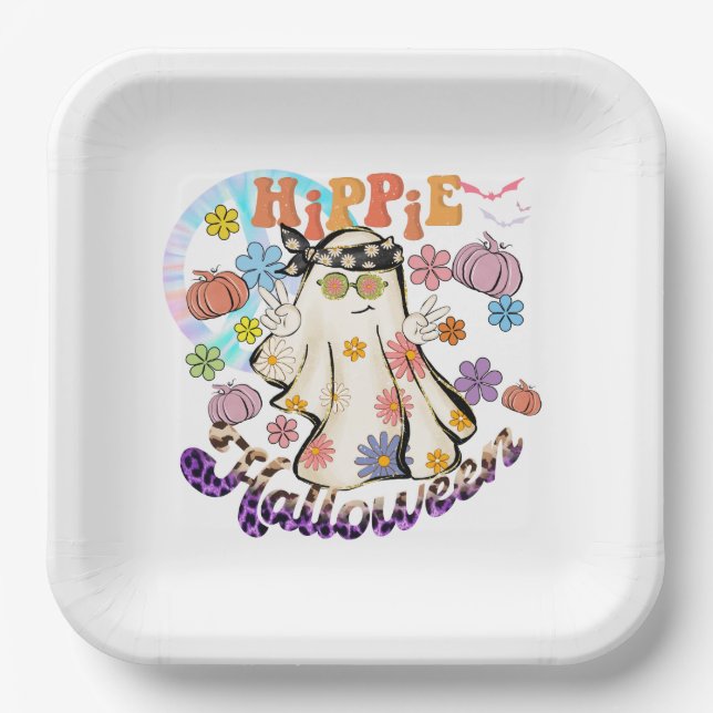 Hippie Halloween Ghost Retro Halloween Pappteller (Vorderseite)
