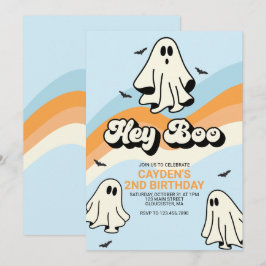 Hippie Halloween Retro Ghost Hey Boo blau Einladung