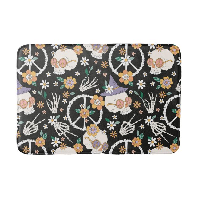 Hippie Halloween Skulls und Blume Muster Badematte (Vorderseite)