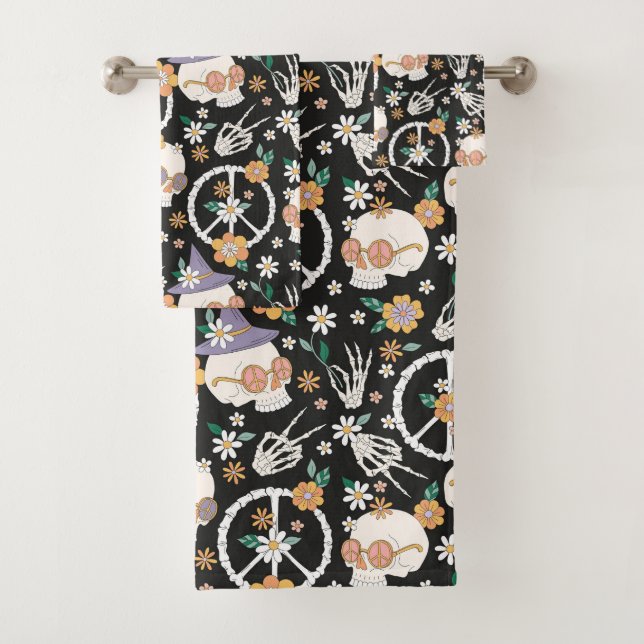 Hippie Halloween Skulls und Blume Muster Badhandtuch Set (Insitu)