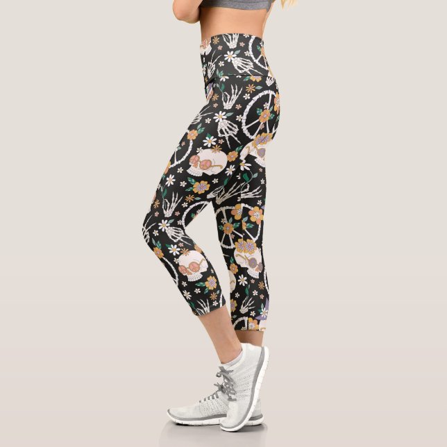 Hippie Halloween Skulls und Blume Muster Capri Leggings (Links)
