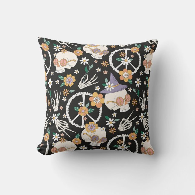 Hippie Halloween Skulls und Blume Muster Kissen (Vorderseite)