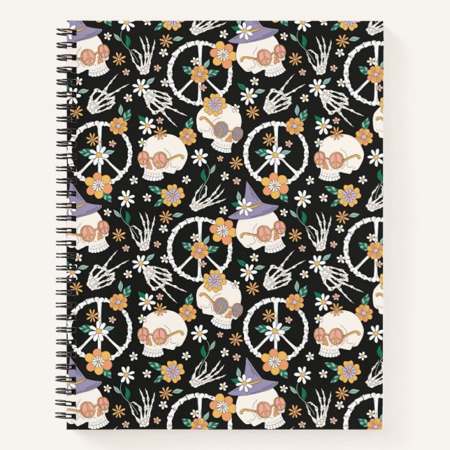 Hippie Halloween Skulls und Blume Muster Notizbuch (Vorderseite)