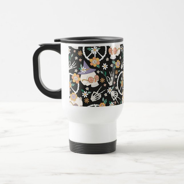 Hippie Halloween Skulls und Blume Muster Reisebecher (Links)