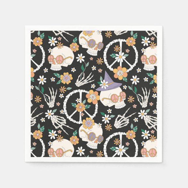 Hippie Halloween Skulls und Blume Muster Serviette (Vorderseite)