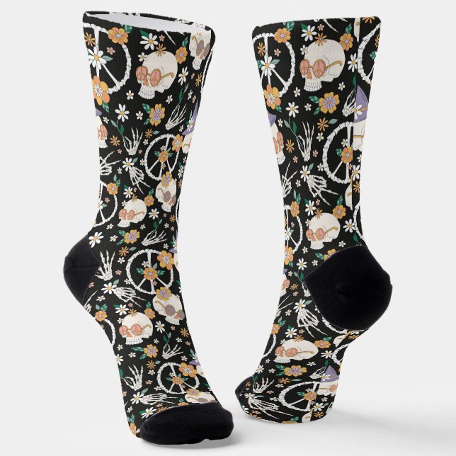 Hippie Halloween Skulls und Blume Muster Socken (Gewinkelt)