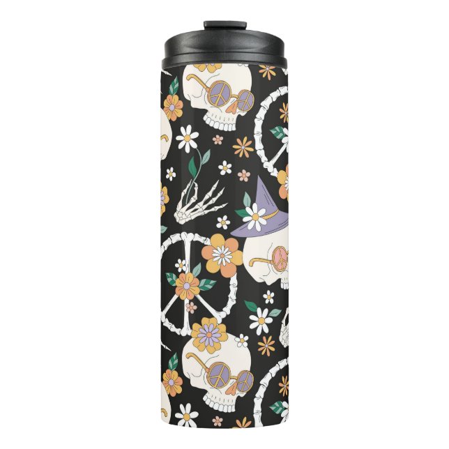 Hippie Halloween Skulls und Blume Muster Thermosbecher (Vorderseite)