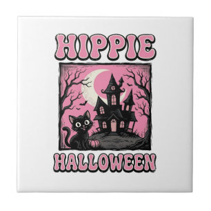 Hippie Halloween Vintage Spukhaus Katze Shirt_1 Fliese