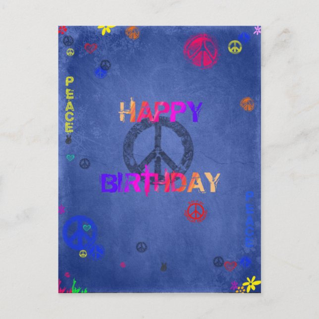 Hippie Happy Birthday Card Blue Postcard Postkarte (Vorderseite)
