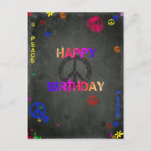 Hippie Happy Birthday in Black Postkarte (Vorderseite)