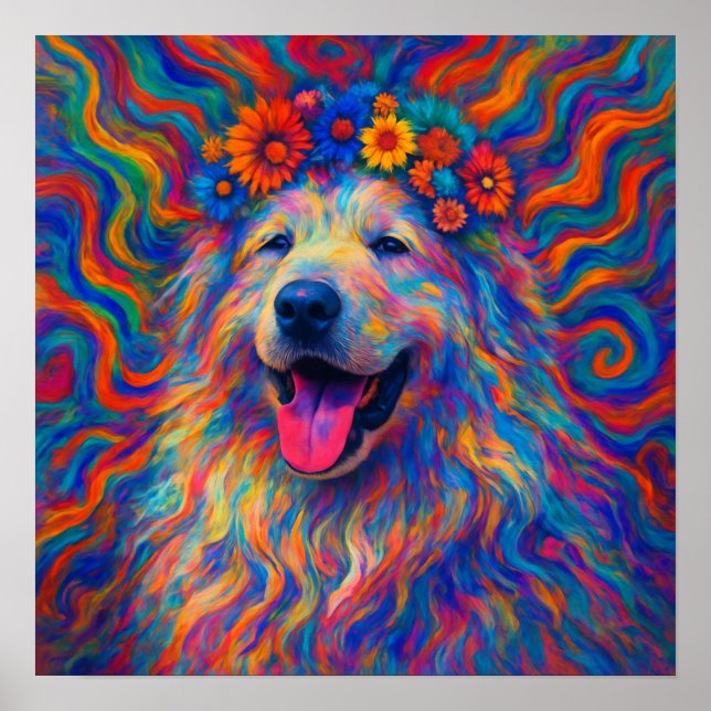 Hippie Happy Great Pyrenäen Dog Art Portrait Poster (Vorne)