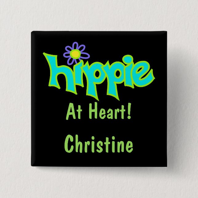 Hippie in Heart Turquoise Art Black Name Abzeichen Button (Vorderseite)