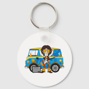 Hippie-Junge mit Gitarre u. Reisemobil Schlüsselanhänger