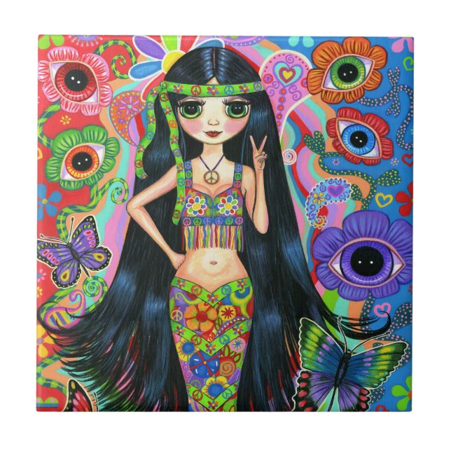 Hippie-Meerjungfrau-Mädchen mit Augen-Blumen u. Fliese (Vorderseite)