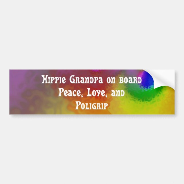Hippie Oma an Bord, Frieden, Liebe und Poligrip Autoaufkleber (Vorne)