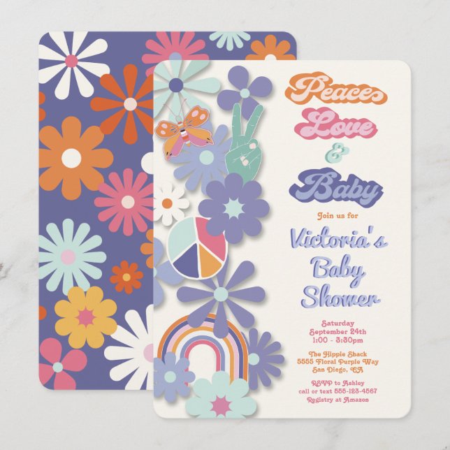 Hippie Peace Liebe & Baby 70er 60er Baby Shower Einladung (Vorne/Hinten)