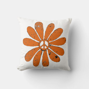 Hippie Peace Sign Blume Orange Distressed Look Kissen