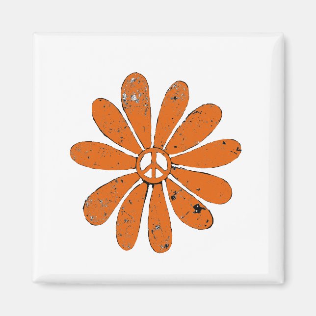 Hippie Peace Sign Blume Orange Distressed Look Magnet (Vorne)