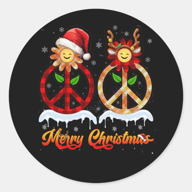 Hippie Peace Sign Karierte Weihnachtsmannmütze Rei Runder Aufkleber (Vorderseite)