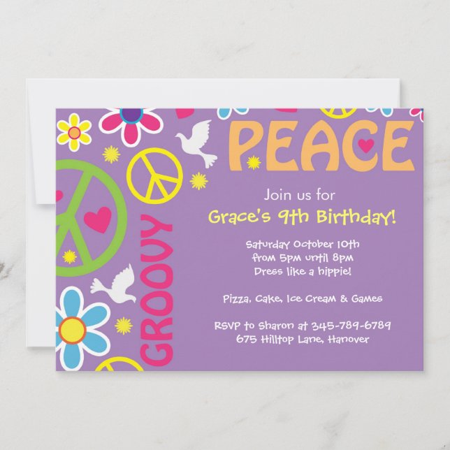 Hippie, Peace Sign, Thema der 60er Jahre, Party lä Einladung (Vorderseite)
