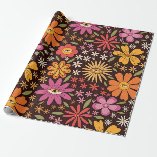 Hippie-Psychedelische-70er-Groovy-Blumen-Augen-Mus Geschenkpapier