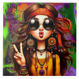 Hippie Quirky Girl Moon Keramik Tile Fliese
