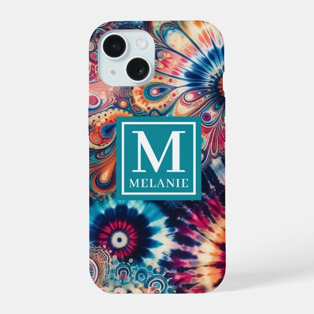 Hippie-Retro-Tie-Dye-Monogramm iPhone 15 Hülle (Rückseite)