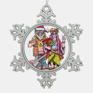 Hippie Santa Couple Schneeflocken Zinn-Ornament