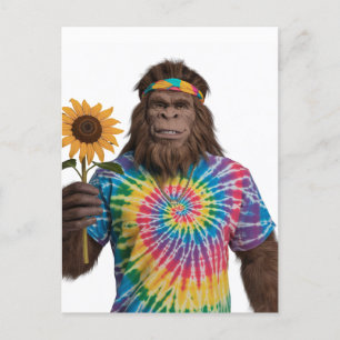 Hippie Sasquatch in Tiedye mit Sonnenblumen Postkarte