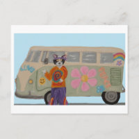Hippie-Smoking-Tuxedo-Katze mit Flower-Power-Van