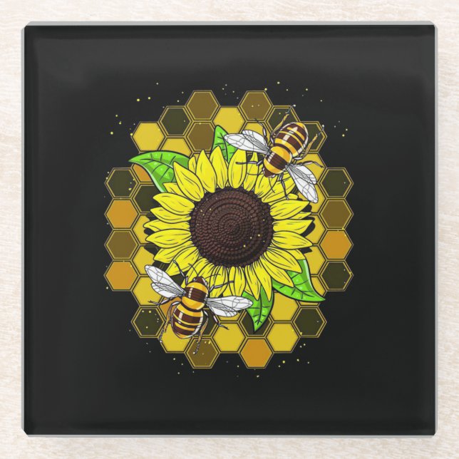 Hippie Sunflower Bees Glasuntersetzer (Vorderseite)