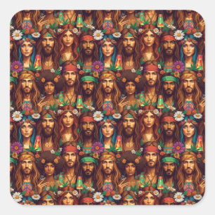 Hippie Tapestry Groovy Psychedelic Peace Era Quadratischer Aufkleber